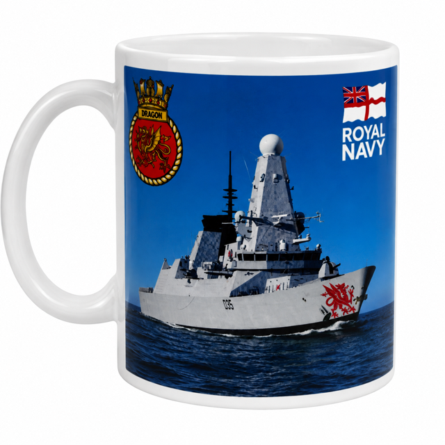A white ceramic mug featuring a printed graphic of a Royal Navy frigate on blue ocean water, with a red dragon emblem and 'ROYAL NAVY' text on the right, and a red-and-gold Royal Marines Dragon crest on the left.